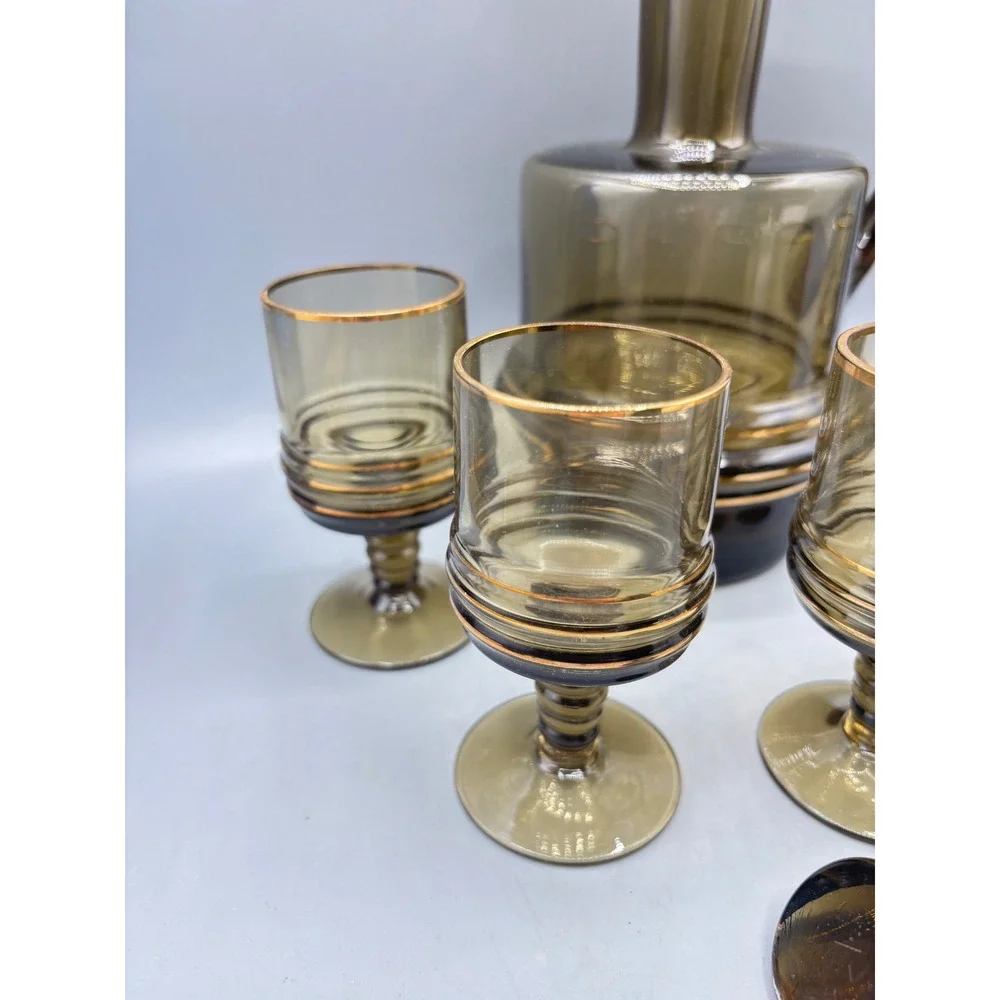 Vintage MCM Smoky Brown Glass Decanter Set Gold Rimmed 6 Cordial Glasses Barware